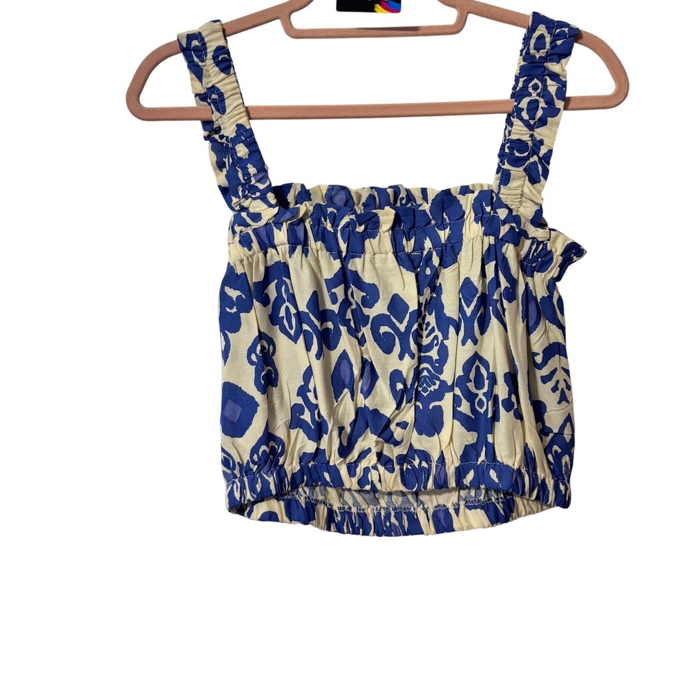 Salty Lemon‎ Floral Crop Top Square Neck Smocked Waist Blue White XL